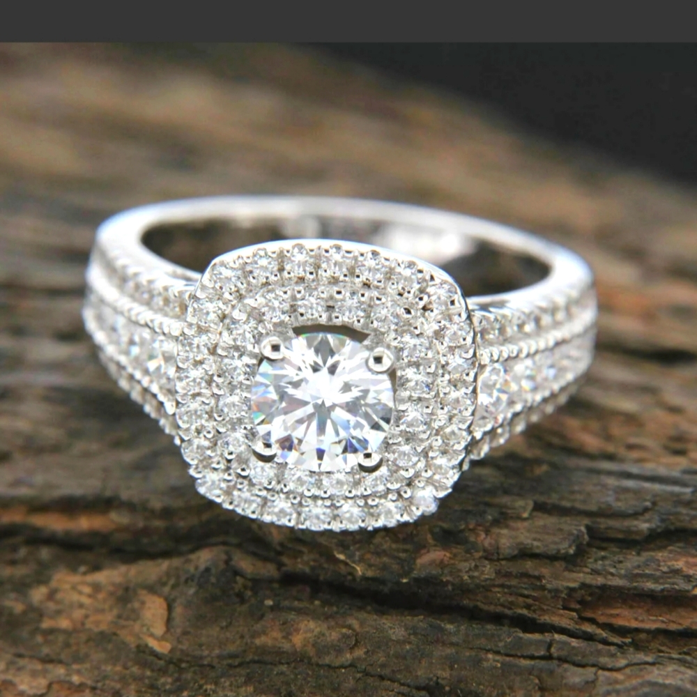 3.20 Ct Round CZ Diamond Double Halo Engagement Wedding Ring 14k White Gold Over